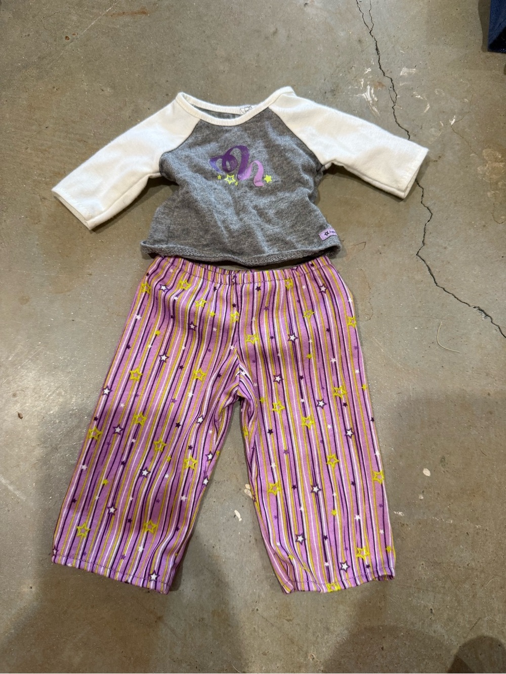 American Girl Purple and Gray Two-Piece Pajama Set with Yellow Stars